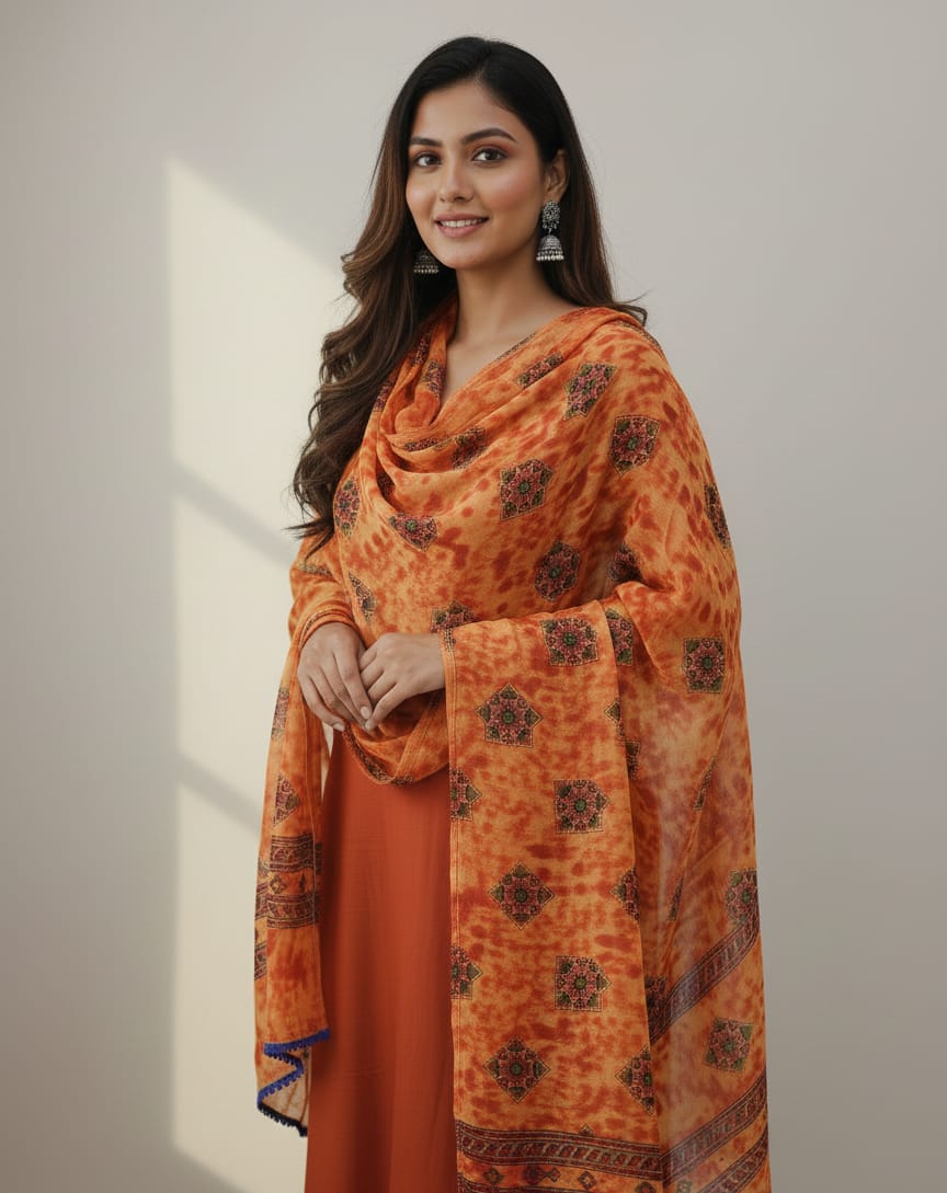 Rust block-print dupatta